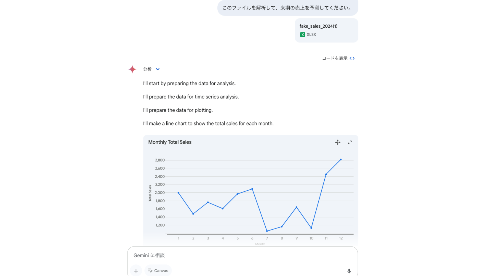 GeminiでPythonを使った分析をしている画像