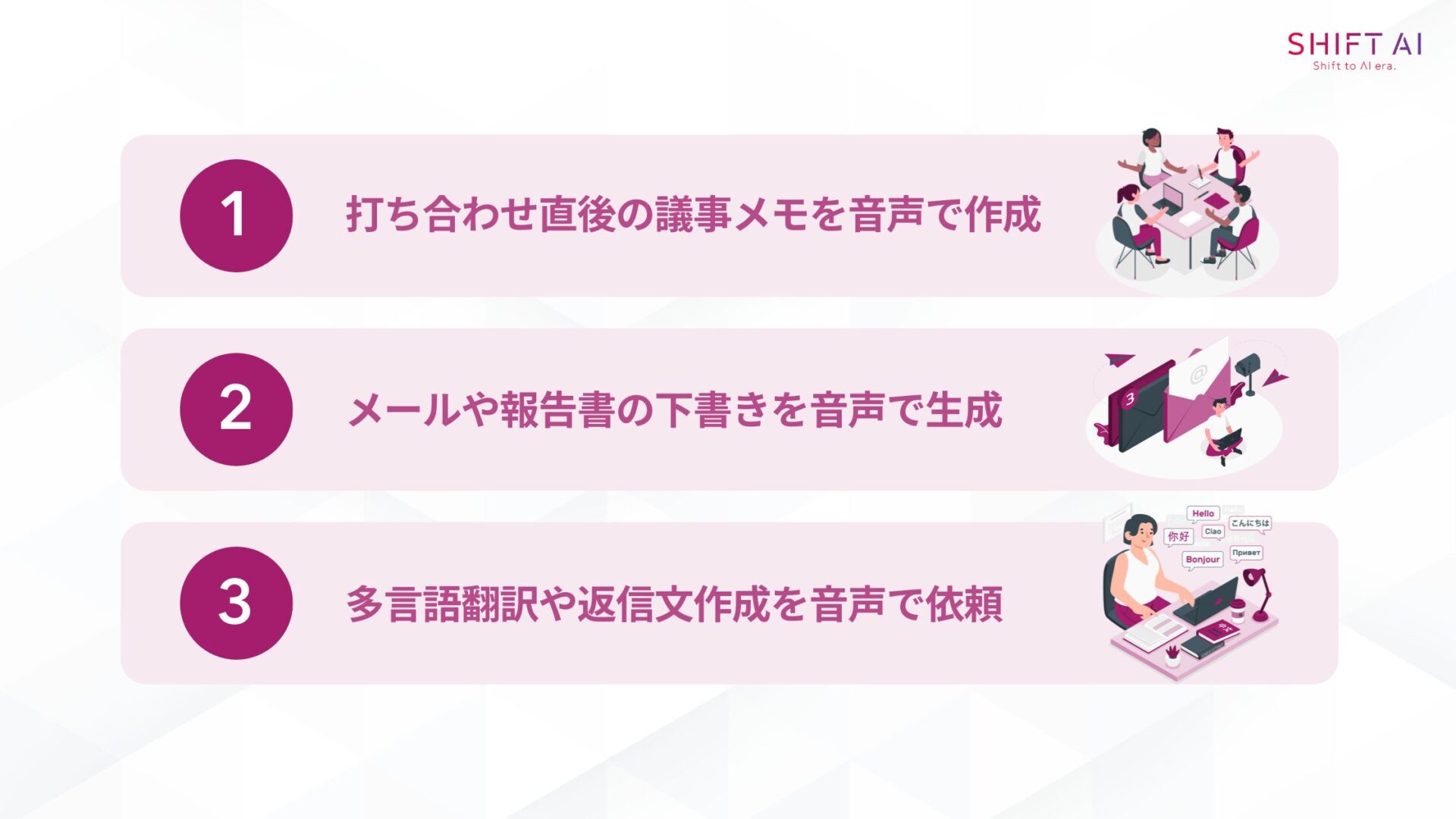 Geminiの音声入力機能の3つの活用事例(打ち合わせ直後の議事メモを音声で作成メールや報告書の下書きを音声で生成多言語翻訳や返信文作成を音声で依頼)