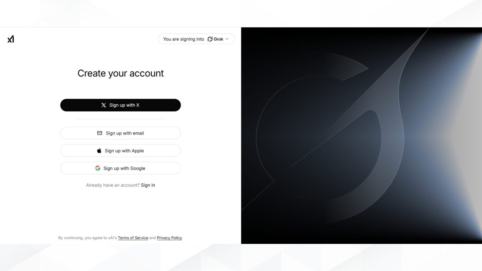 Grokで画像生成をする方法(PCで画像生成する方法-STEP1:公式サイトにアクセスする-Grokの公式サイトでのログイン画面)