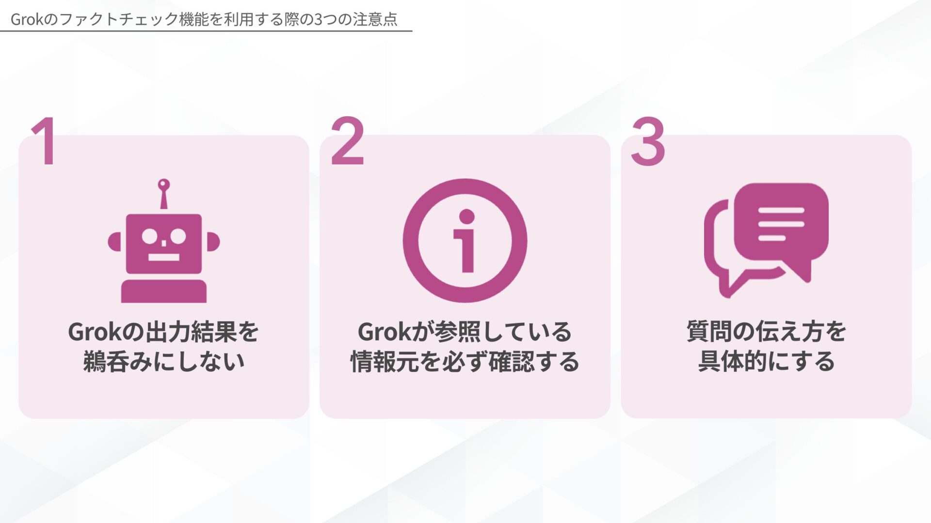 Grokのファクトチェック機能を利用する際の3つの注意点(Grokの出力結果を鵜呑みにしない/Grokが参照している情報元を必ず確認する/質問の伝え方を具体的にする)