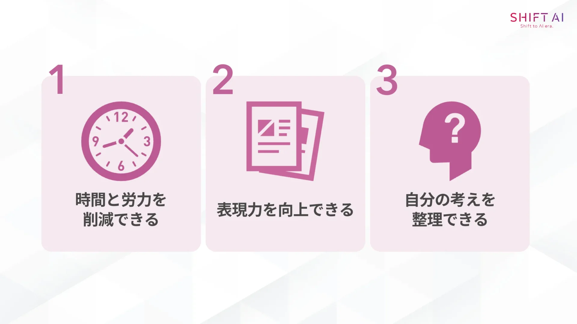転職理由や志望動機をAIで生成する3つのメリット(時間と労力を削減できる/表現力を向上できる/自分の考えを整理できる)