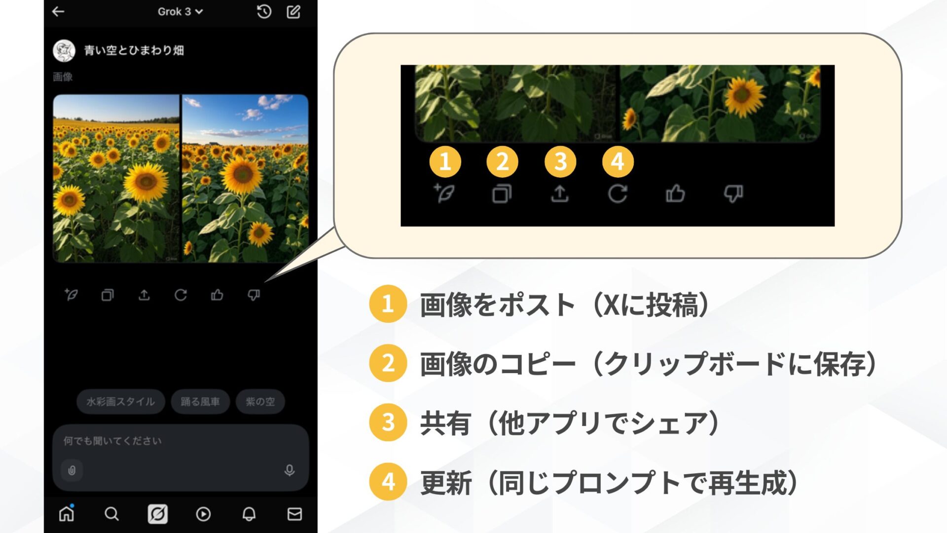 Grokで画像生成をする方法(スマホで画像生成する方法(Xで利用する方法)-STEP3: 画像を生成する-生成された画像)