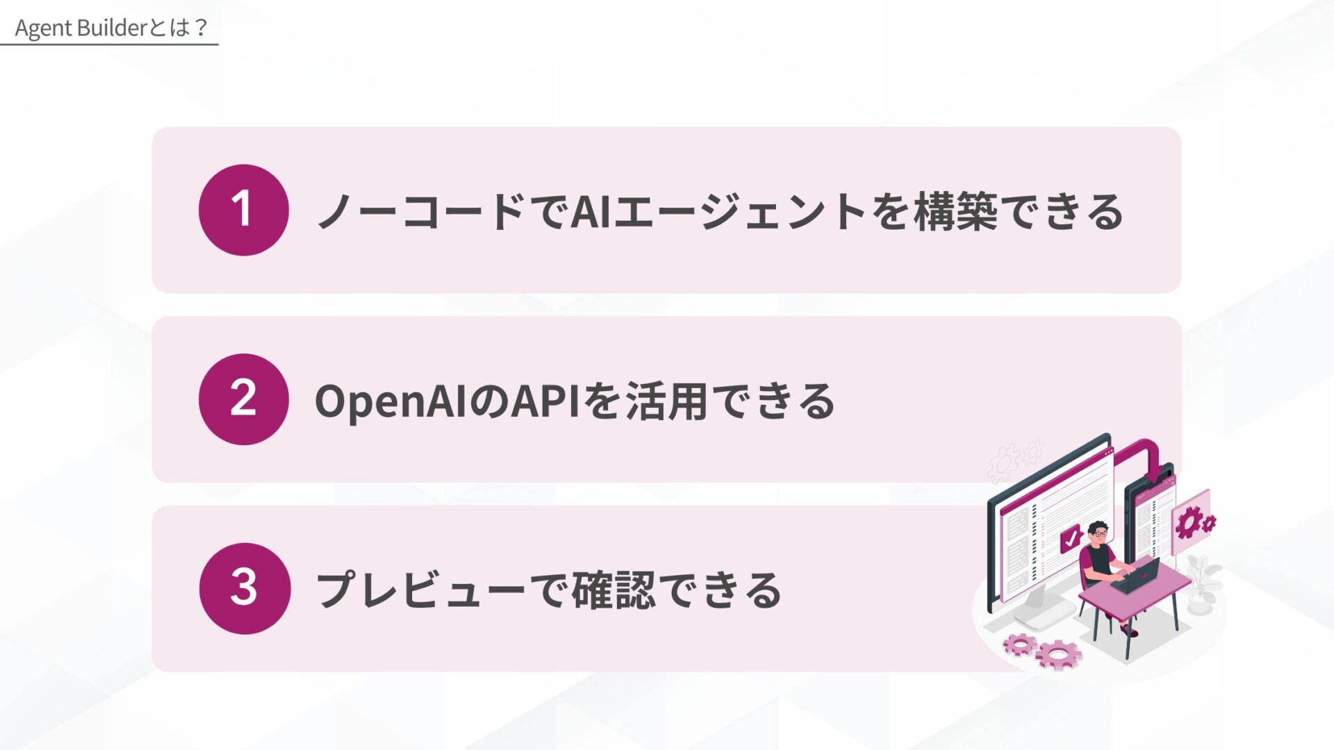 Agent Builderとは?(ノーコードでAIエージェントを構築できる/OpenAIのAPIを活用できる/プレビューで確認できる)