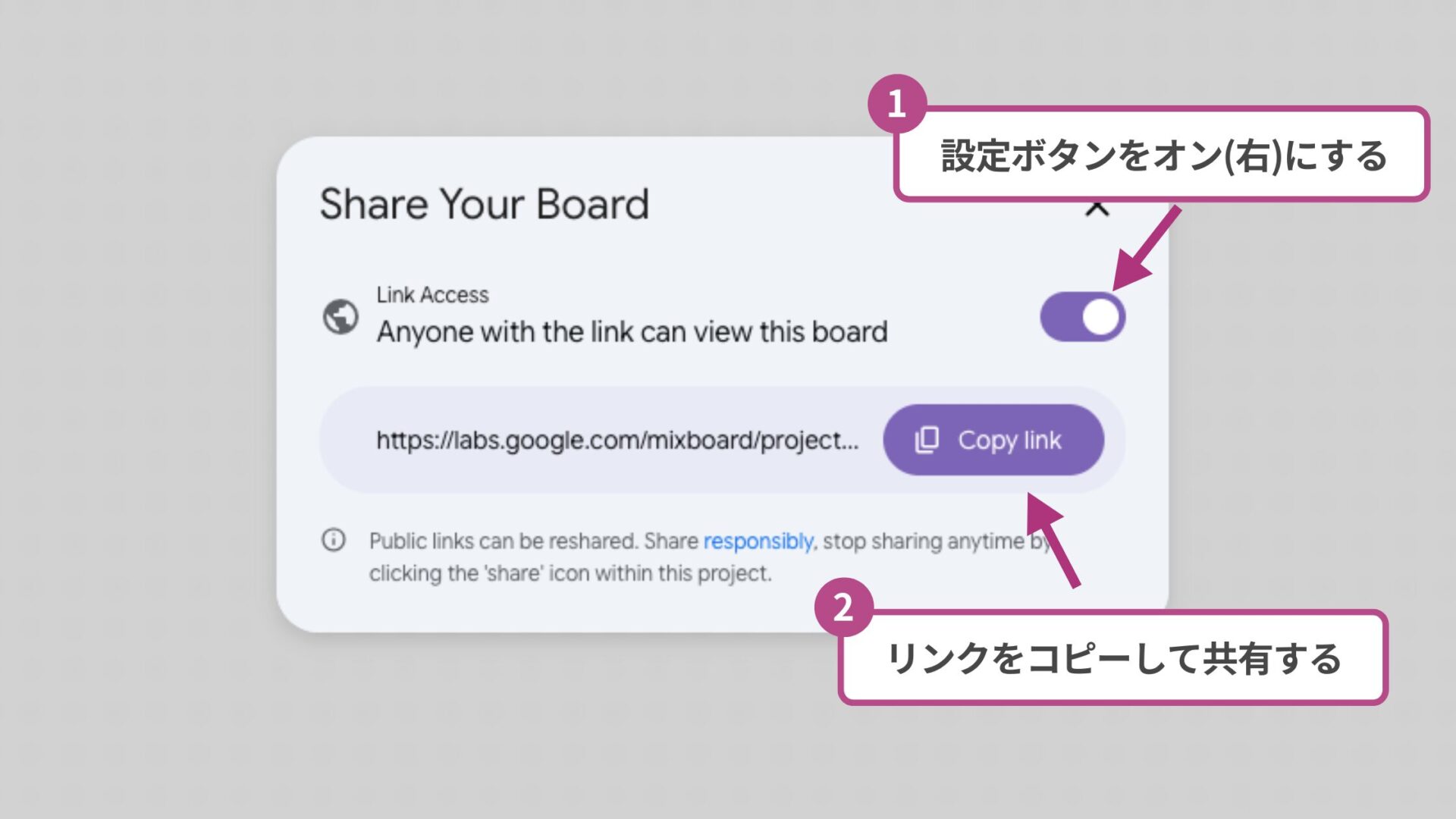 Google MixboardでShareボタンを押した後の画面の図解