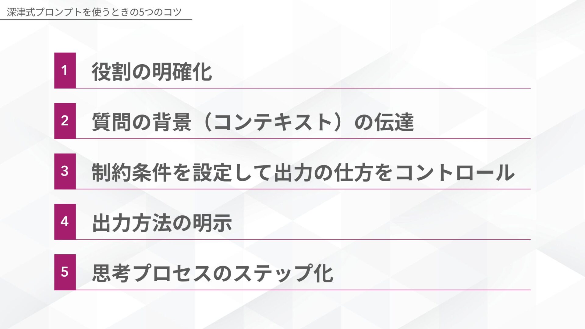 深津式プロンプトを使うときの5つのコツ(役割の明確化/質問の背景(コンテキスト)の伝達/制約条件を設定して出力の仕方をコントロール/出力方法の明示/思考プロセスのステップ化)
