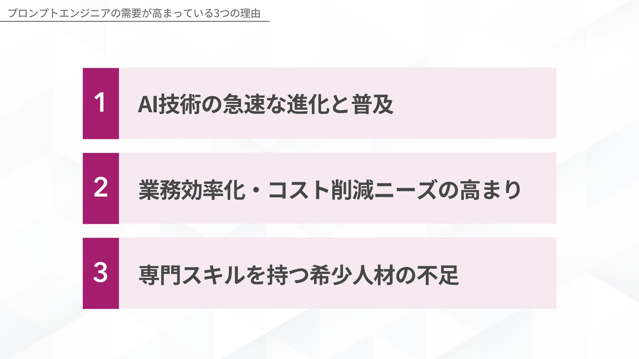 プロンプトエンジニアの需要が高まっている3つの理由(AI技術の急速な進化と普及/業務効率化・コスト削減ニーズの高まり/専門スキルを持つ希少人材の不足)