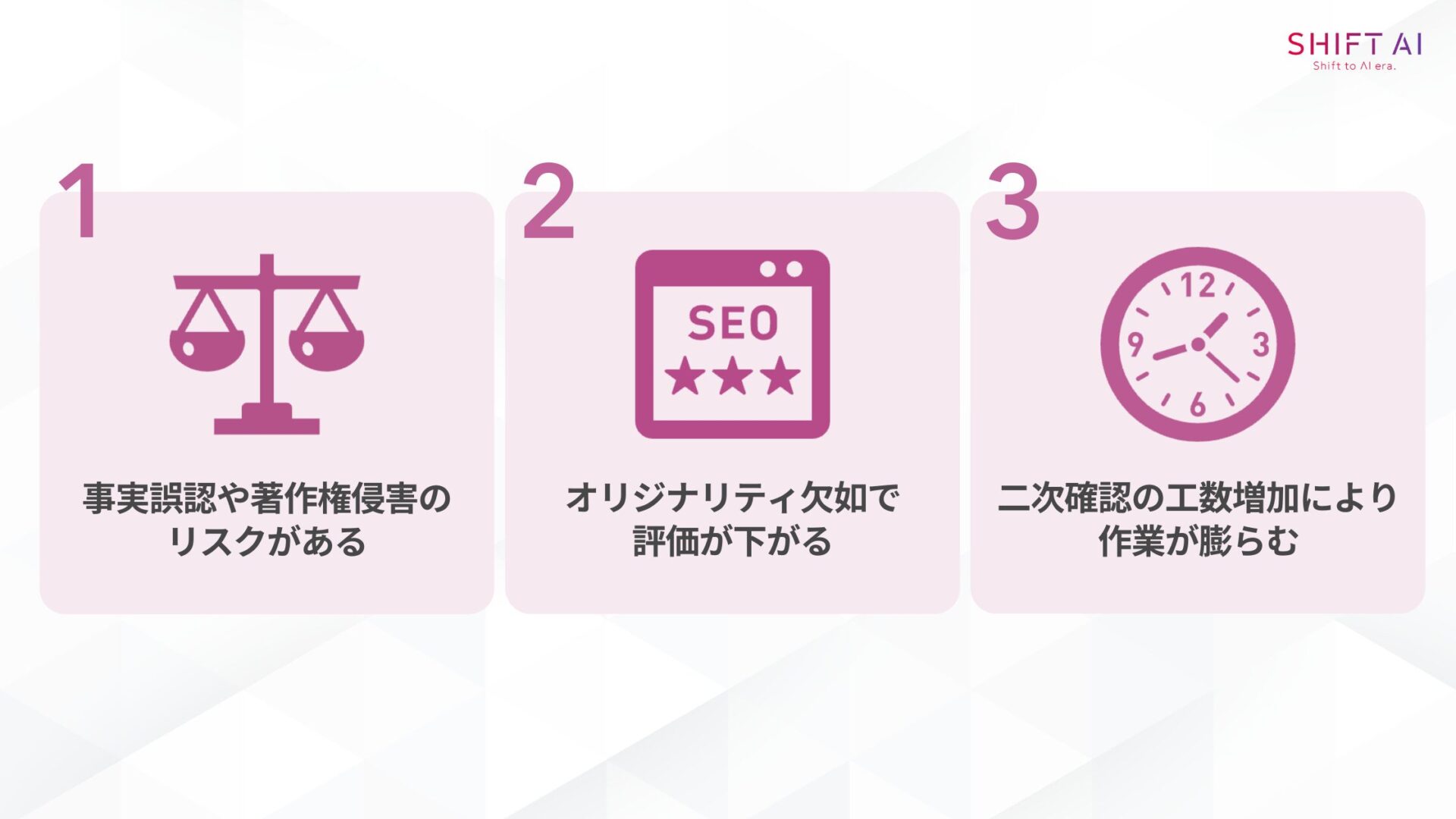 ChatGPT活用のデメリット(事実誤認や著作権侵害のリスクがある/オリジナリティ欠如で評価が下がる/二次確認の工数増加により作業が膨らむ)