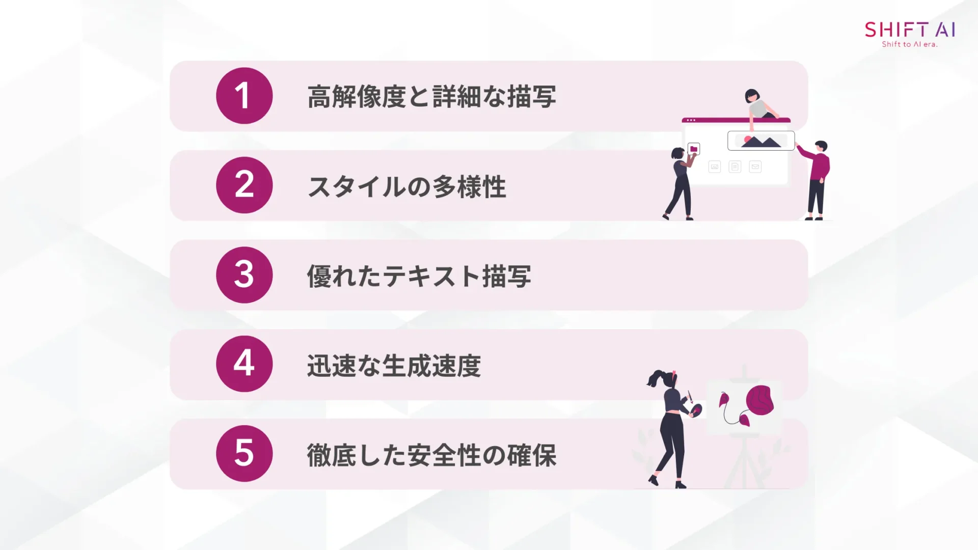 Imagen 4の5つの特徴(高解像度と詳細な描写/スタイルの多様性/優れたテキスト描写/迅速な生成速度/徹底した安全性の確保)