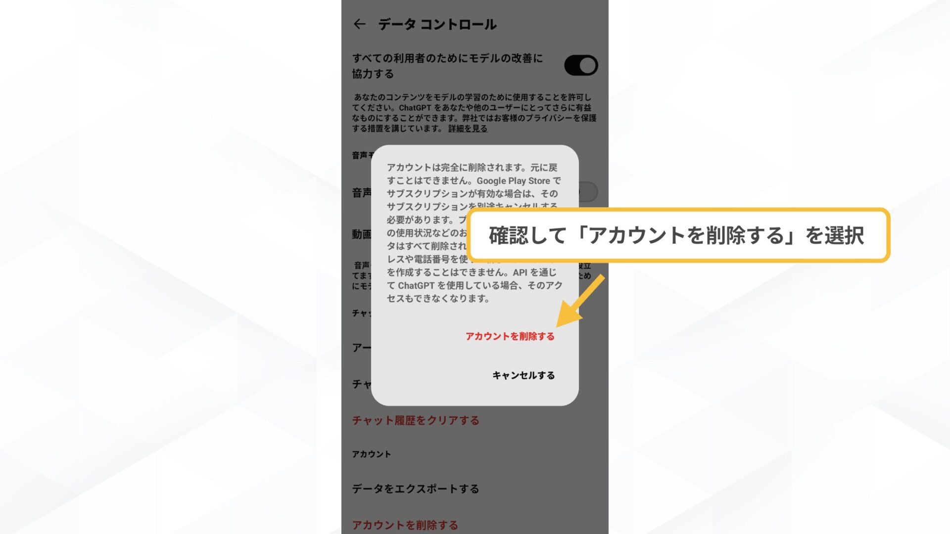 アカウントデータの削除方法(「アカウントを完全に削除する」を選択して削除完了-スマホアプリ)