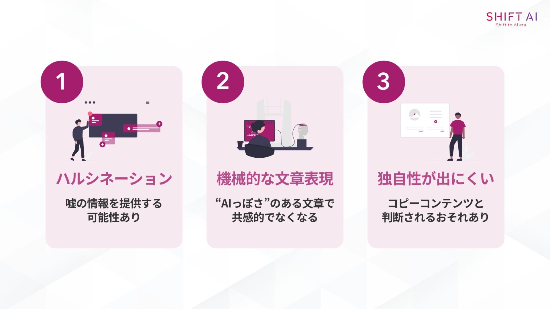 AI副業×ブログの3つの注意点の画像。①ハルシネーション:嘘の情報を提供する可能性あり。②機械的な文章表現。③独自性が出にくい:コピーコンテンツと判断されるおそれあり。