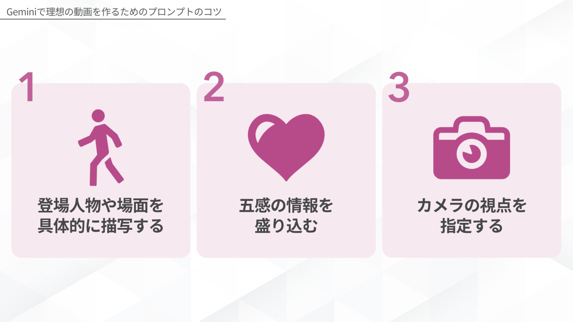 Geminiで理想の動画を作るためのプロンプトのコツ(登場人物や場面を具体的に描写する/五感の情報を盛り込む/カメラの視点を指定する)