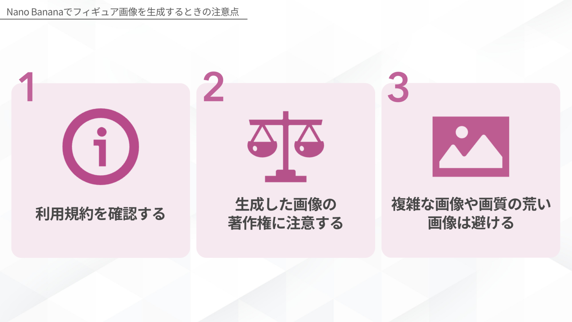 Nano Bananaでフィギュア画像を生成するときの注意点(利用規約を確認する/生成した画像の著作権に注意する/複雑な画像や画質の荒い画像は避ける)