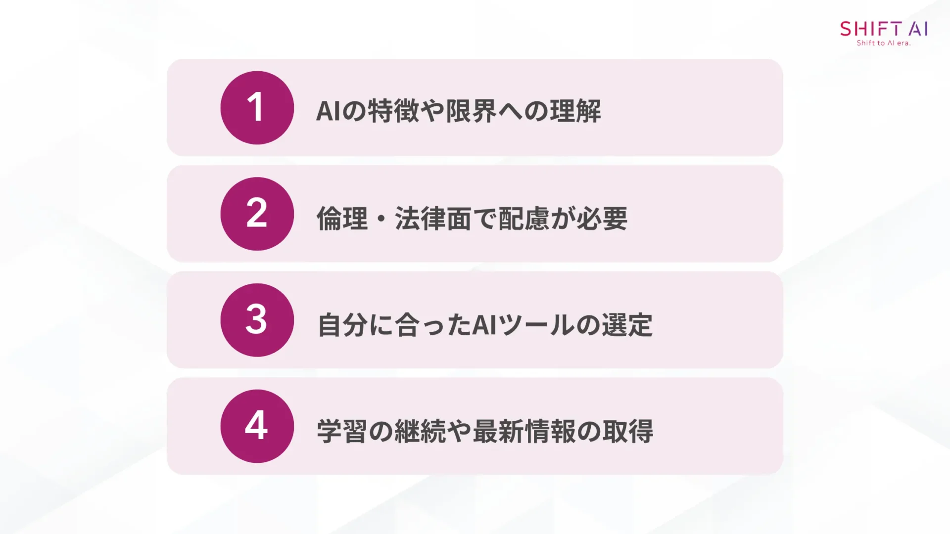 初心者がつまずきやすい4つのポイント(AIの特徴や限界への理解/倫理・法律面で配慮が必要/自分に合ったAIツールの選定/学習の継続や最新情報の取得)