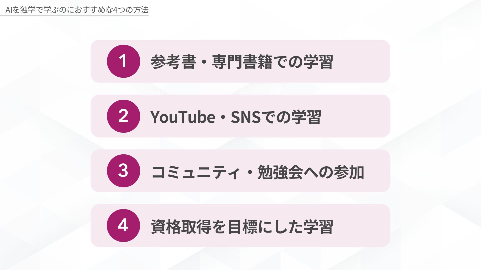 AIを独学で学ぶのにおすすめな4つの方法を示す図解