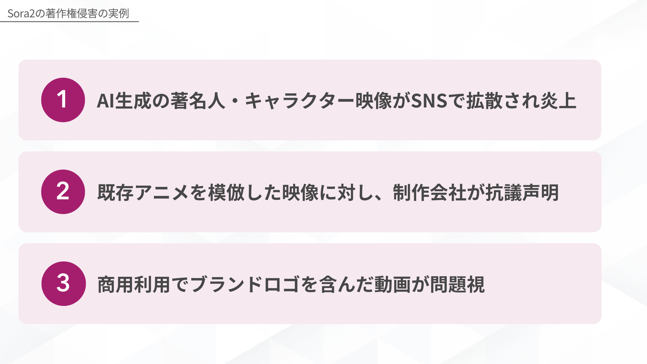 Sora2の著作権侵害の実例(AI生成の著名人・キャラクター映像がSNSで拡散され炎上/既存アニメを模倣した映像に対し、制作会社が抗議声明/商用利用でブランドロゴを含んだ動画が問題視)