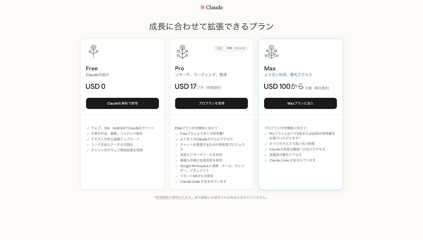 Claudeのプランを選択する画面