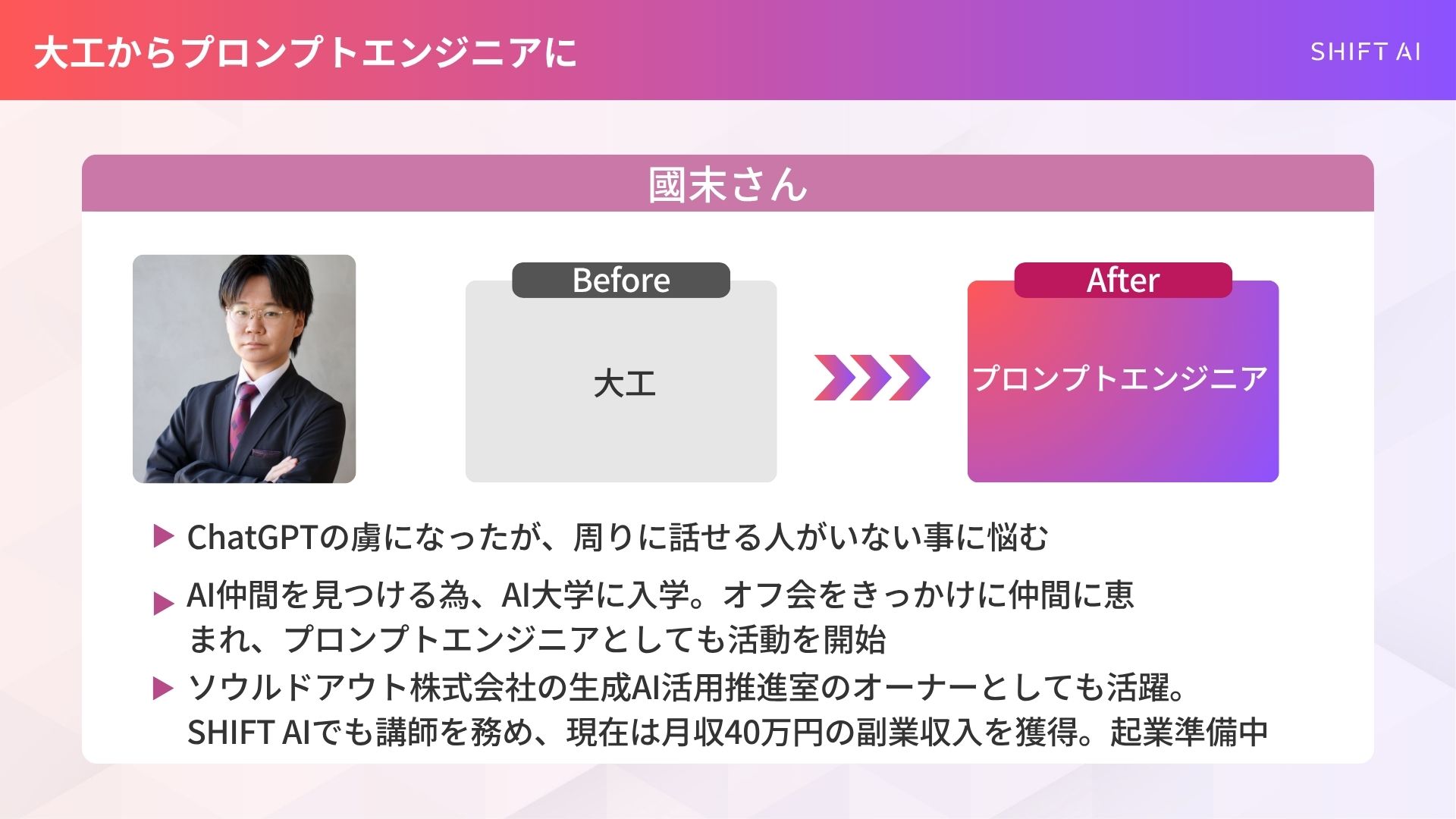 プロンプトエンジニアへキャリアチェンジした成功事例を紹介!(事例①國末さん:生成AI活用推進室のオーナー!SHIFT AIでも講師を務める)
