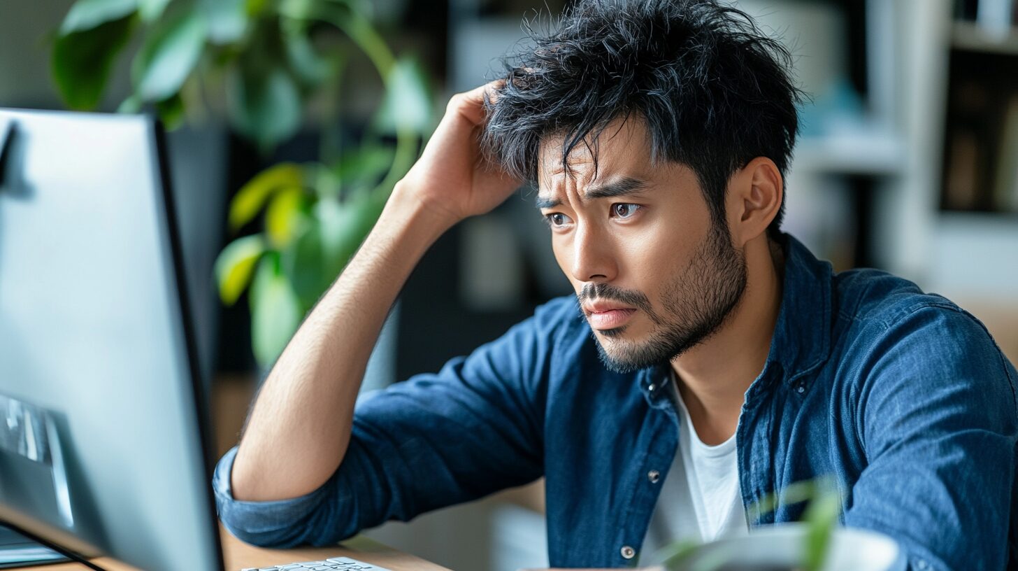 怪しいAIセミナーが増えている背景とトラブル事例：男性がパソコンを見て眉を顰めている画像