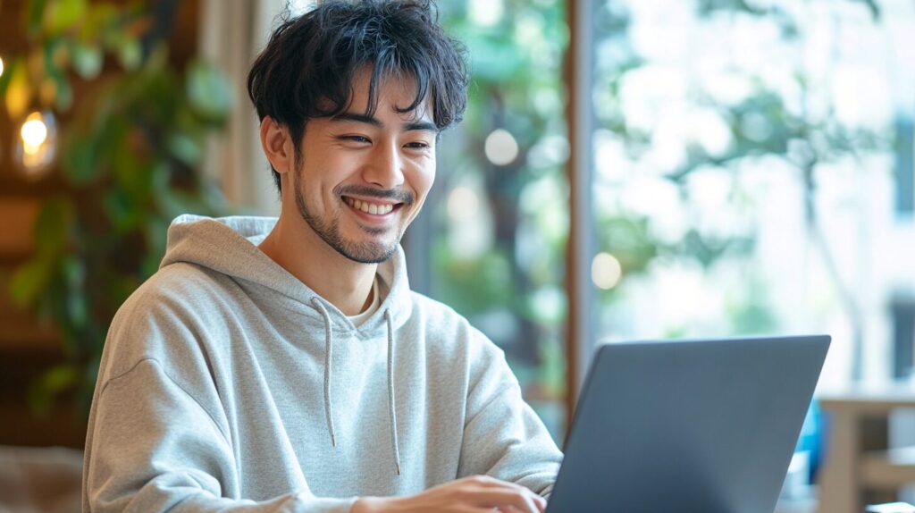 パソコンを使ってライティングやプログラミング作業をしている男性