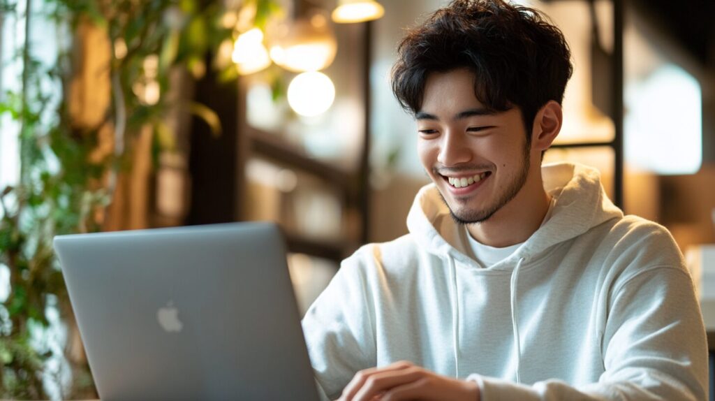 パソコンを前に楽しそうに作業をしている男性