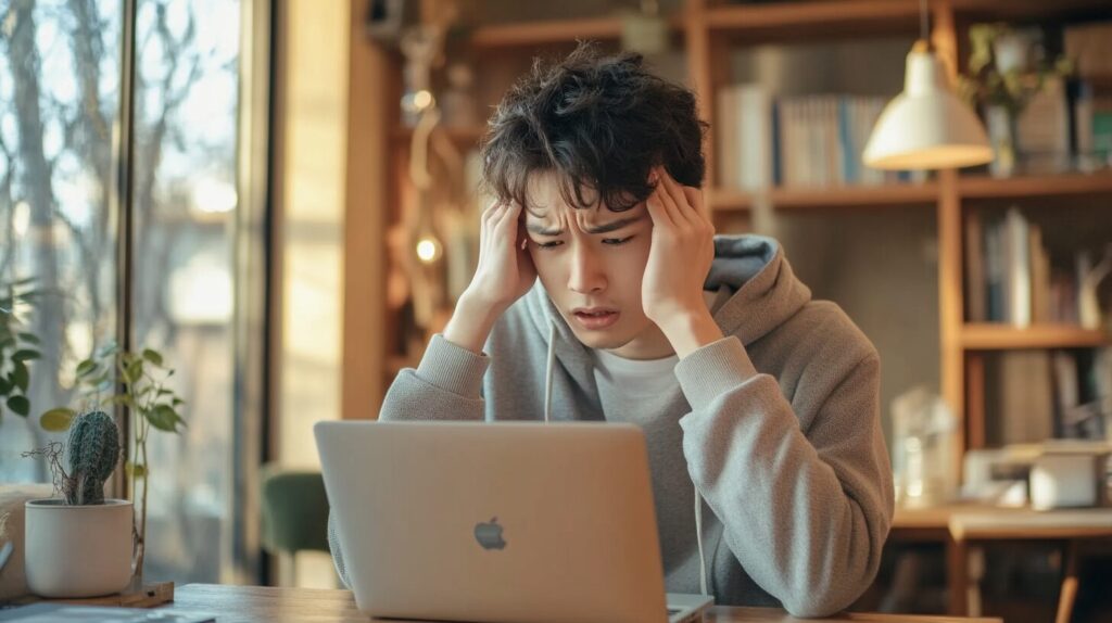 「ブロガーやめとけ」と言われてパソコンを前に頭を抱えてしまっている男性