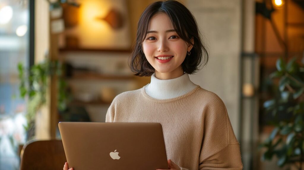 ノートパソコンを抱えながら笑顔でこちらを向いている女性