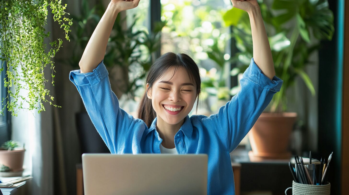 ChatGPTを使ったほったらかし副業の2つの成功事例：両手を挙げて喜んでいる女性