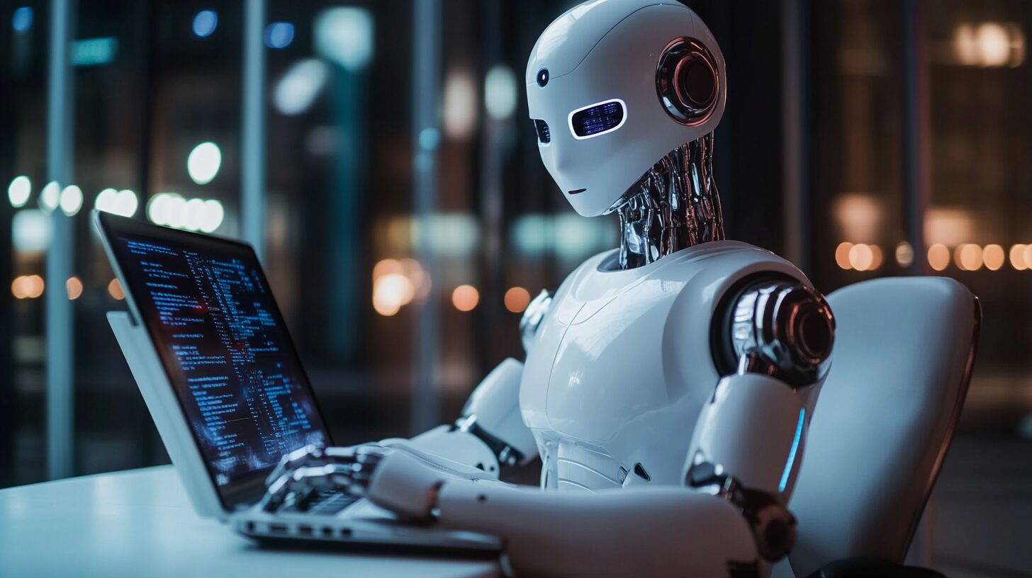 ChatGPTを使ったほったらかし副業とは：ロボットがノートパソコンで作業している画像