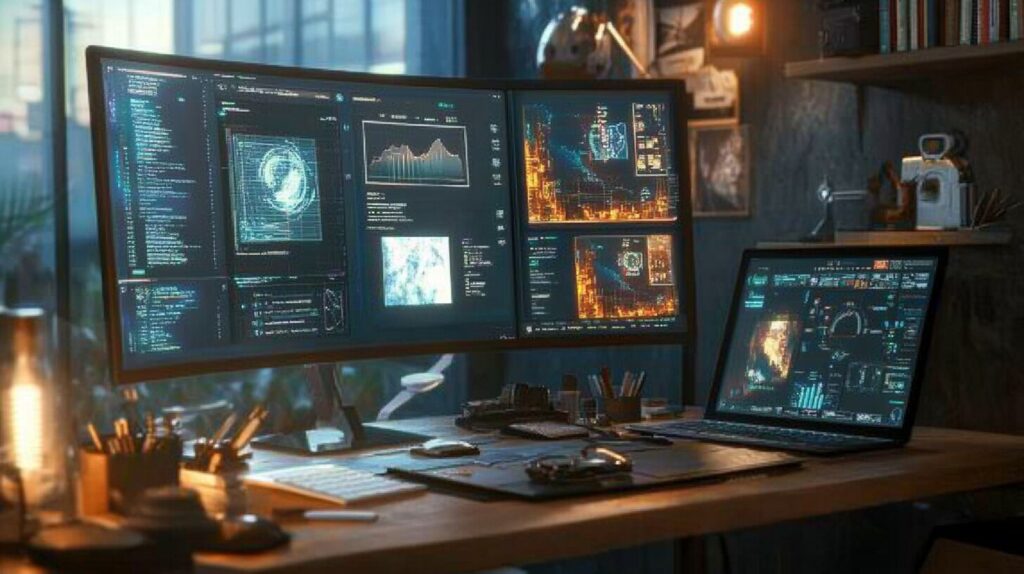 複数のパソコンでさまざまなAIツールを使っている様子