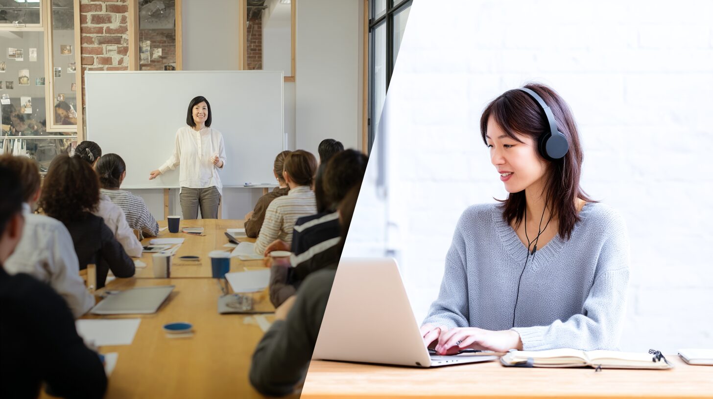 オンラインAIセミナーは怪しい？対面との違いを比較：オンラインと対面セミナーを受けている人物画像