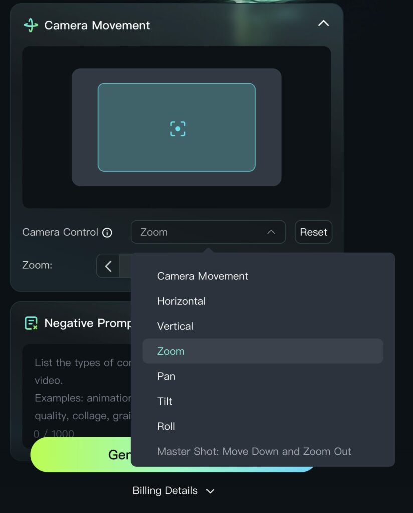 Klingの動画生成画面（カメラワーク強調）