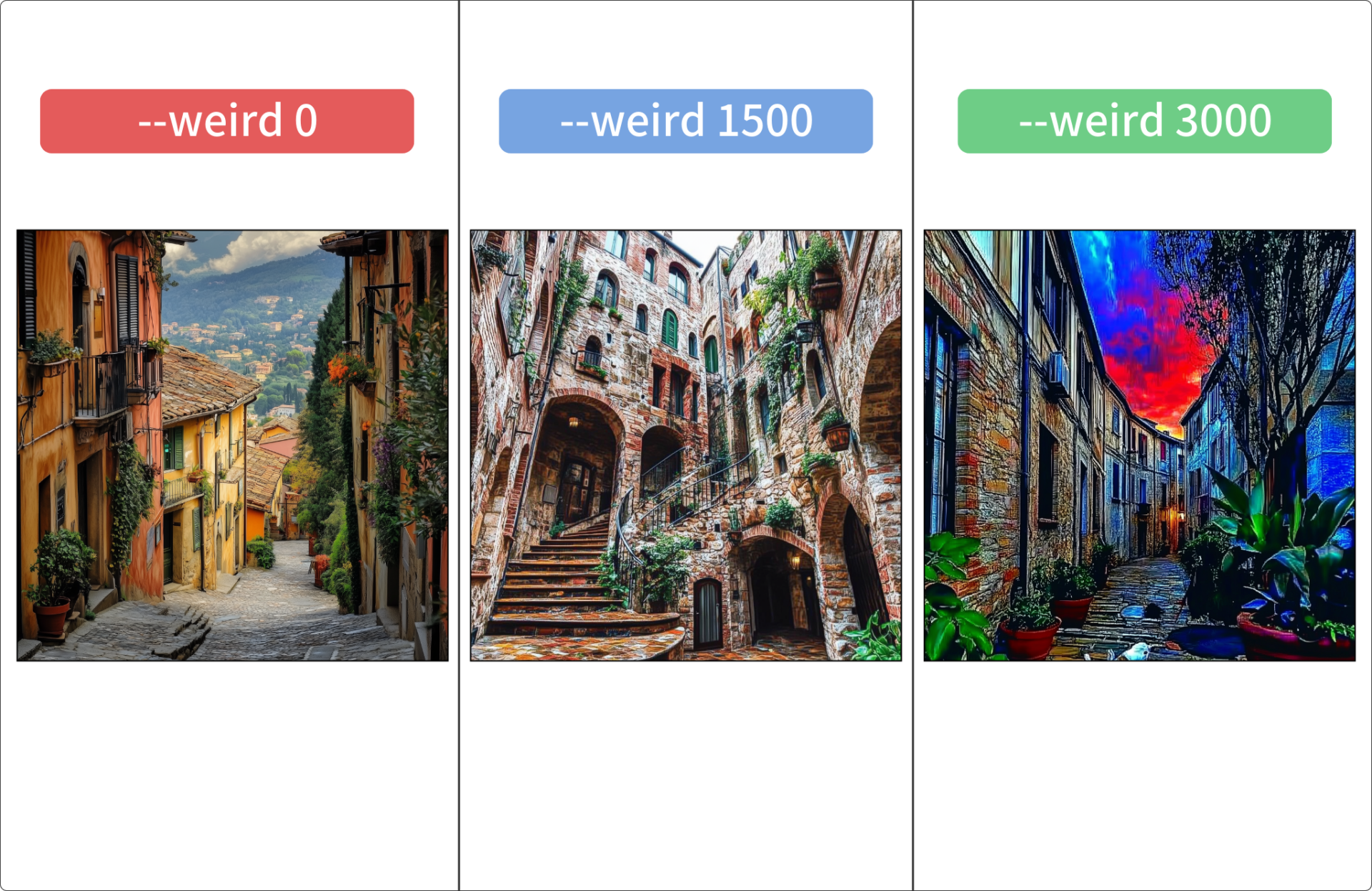 Midjourneyのパラメーターで「奇妙さ(Weird)」を指定した画像