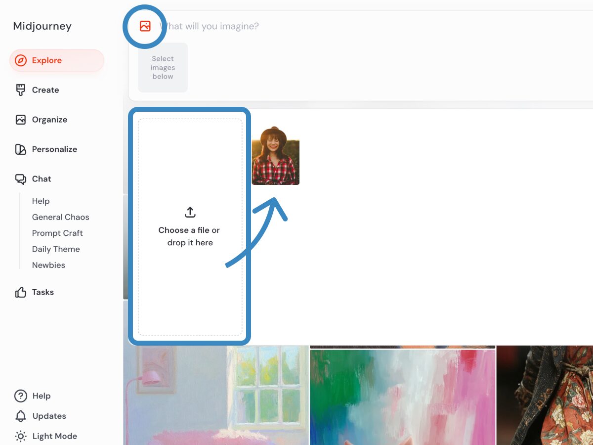 Web版Midjourneyで写真(画像)を読み込ませる画面