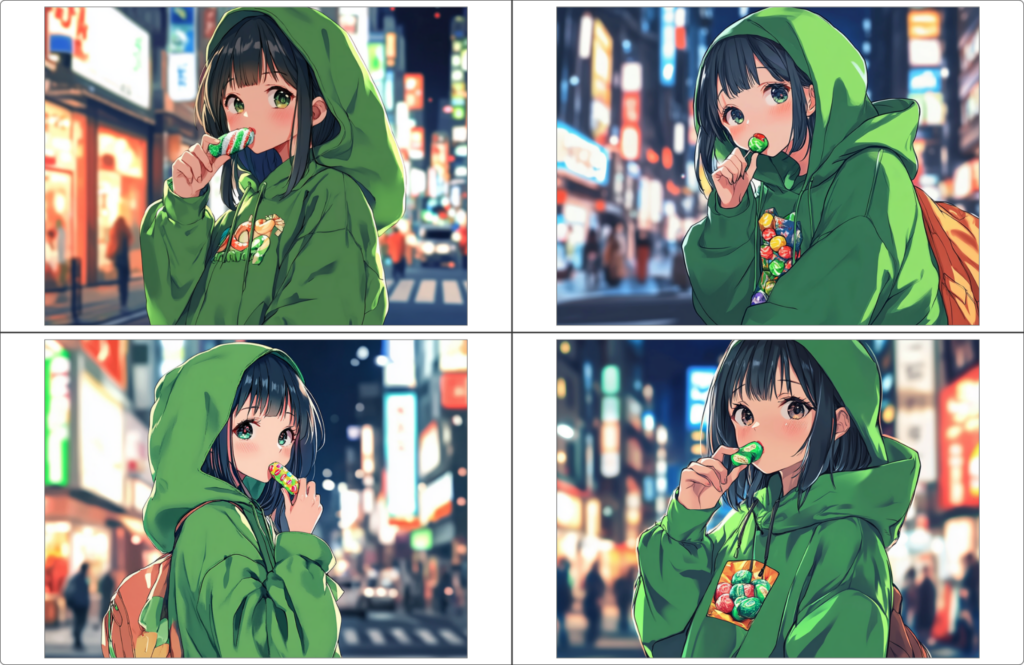 「––cw 100:Character Weight 100(デフォルト)」と「––sw 1000:Style Weight 1,000」で生成した画像
