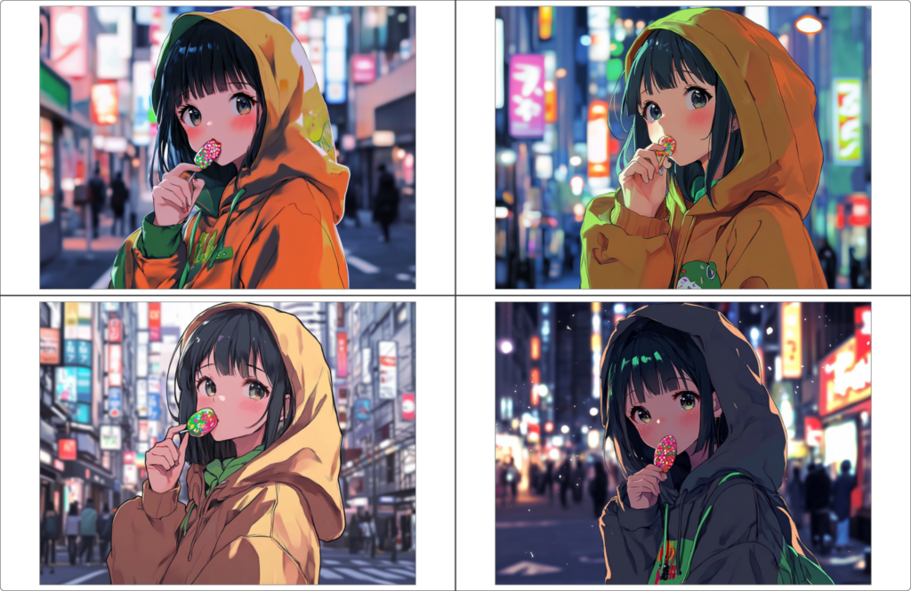「––cw 50:Character Weight 50と「––sw 0:Style Weight 0」で生成した画像