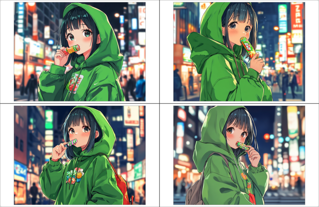 「––cw 50:Character Weight 50と「––sw 1000:Style Weight 1,000」で生成した画像