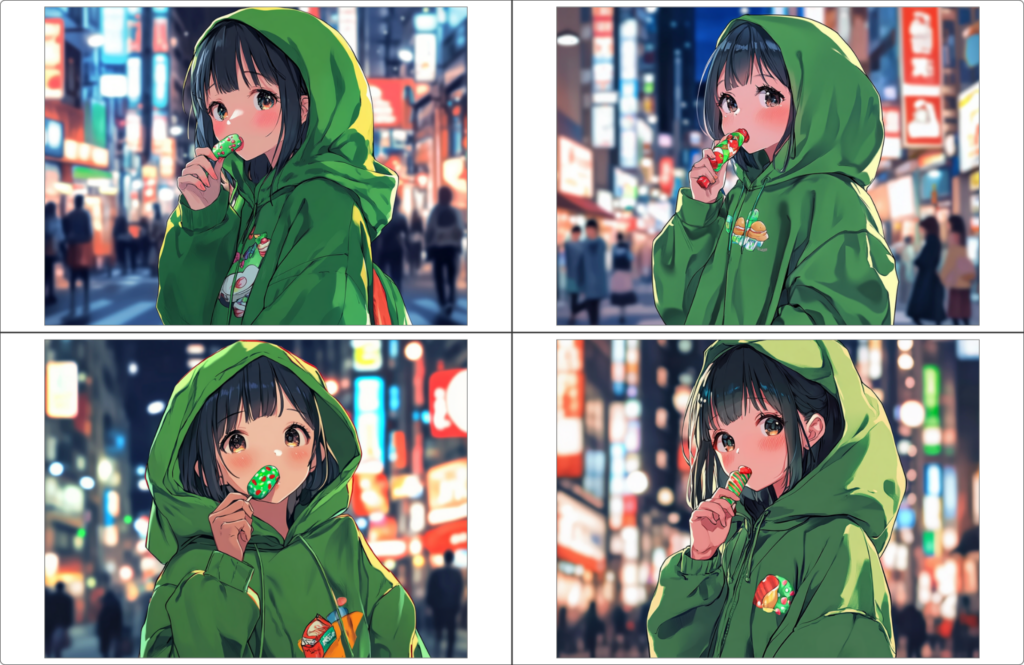 「––cw 50:Character Weight 50と「––sw 100:Style Weight 100(デフォルト)」で生成した画像