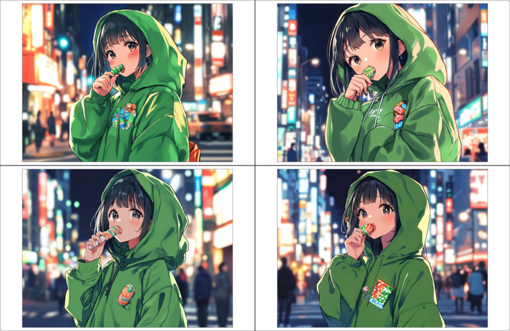 「––cw 50:Character Weight 50と「––sw 500:Style Weight 500」で生成した画像
