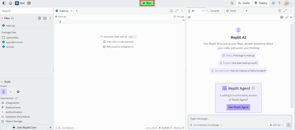 Replitのコードエディター画面