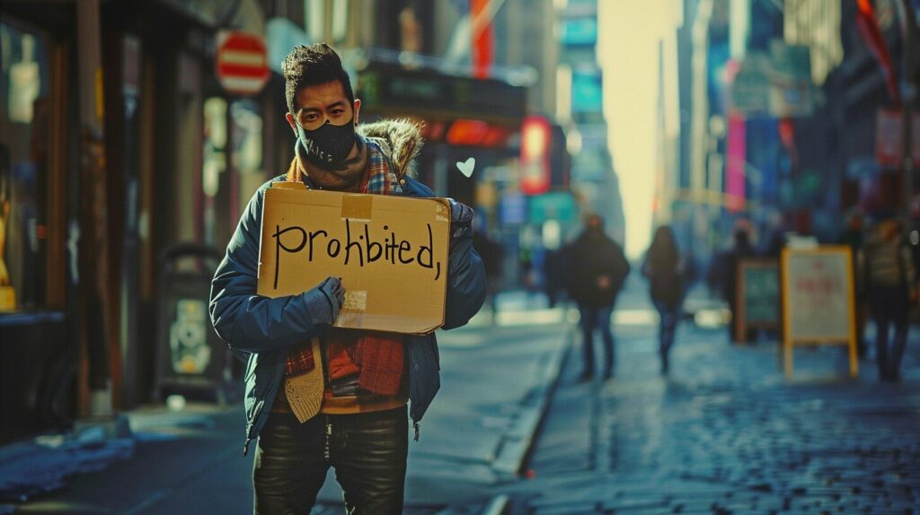 男性がprohibitedという看板を持っている様子