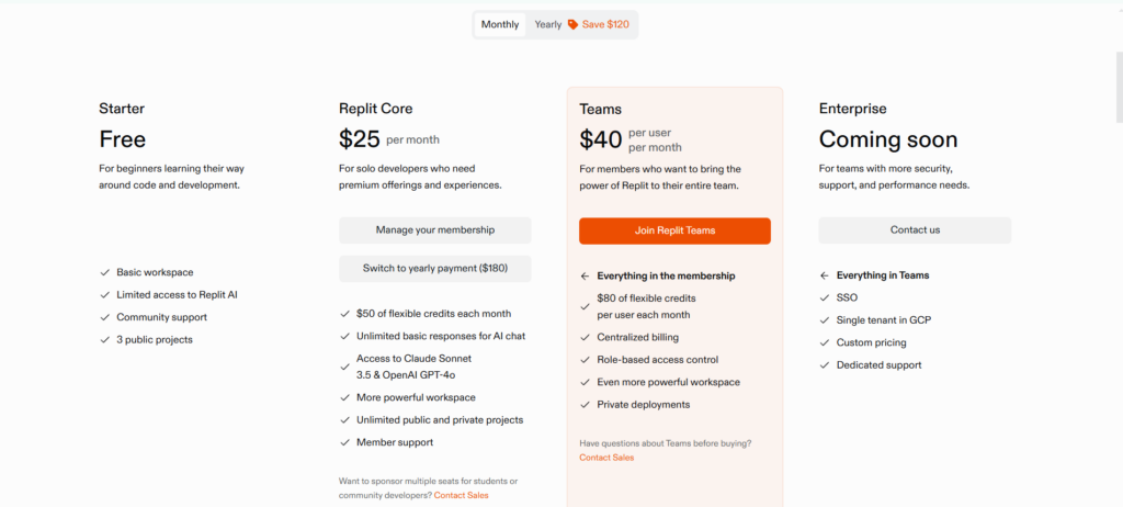Replitの料金プランの比較表
