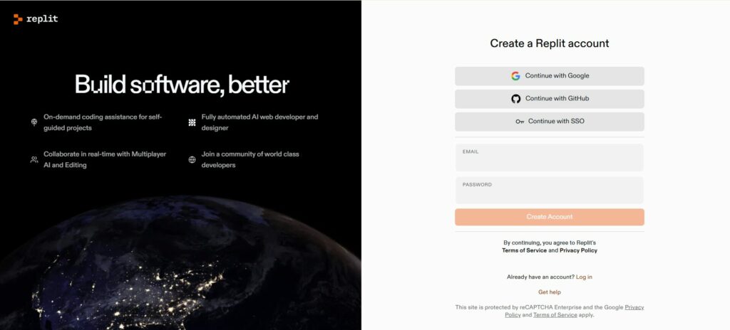 Replitのアカウント作成ページ
