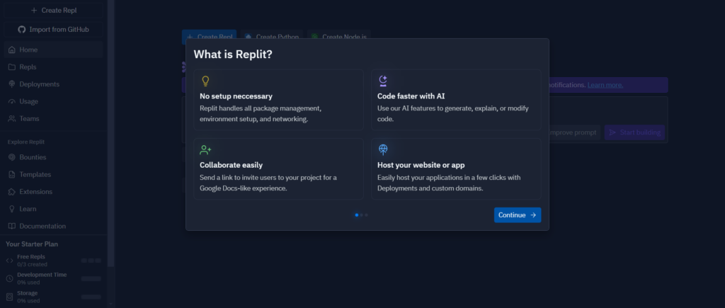 Replitの説明ポップアップ画面