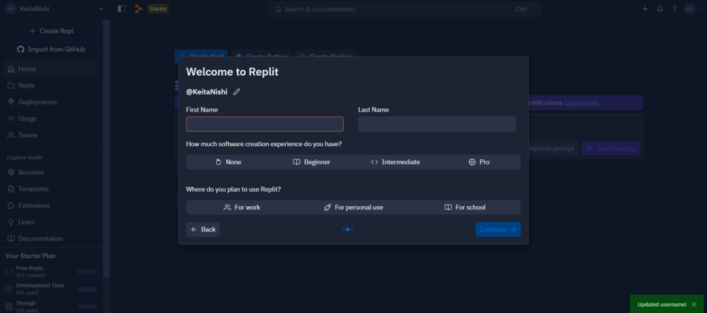 Replitのウェルカム画面