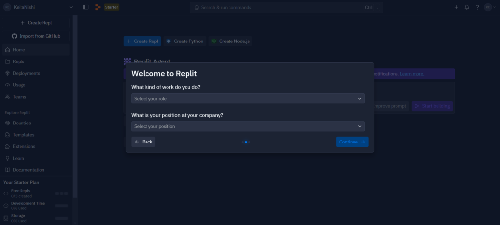 Replitのウェルカム画面