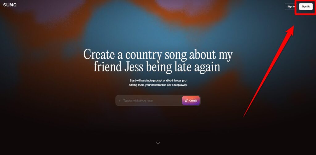 Suno AI登録画面：左上部の「Sign Up」ボタンをクリックする 