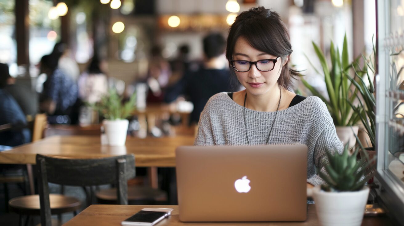 カフェで作業する女性の画像