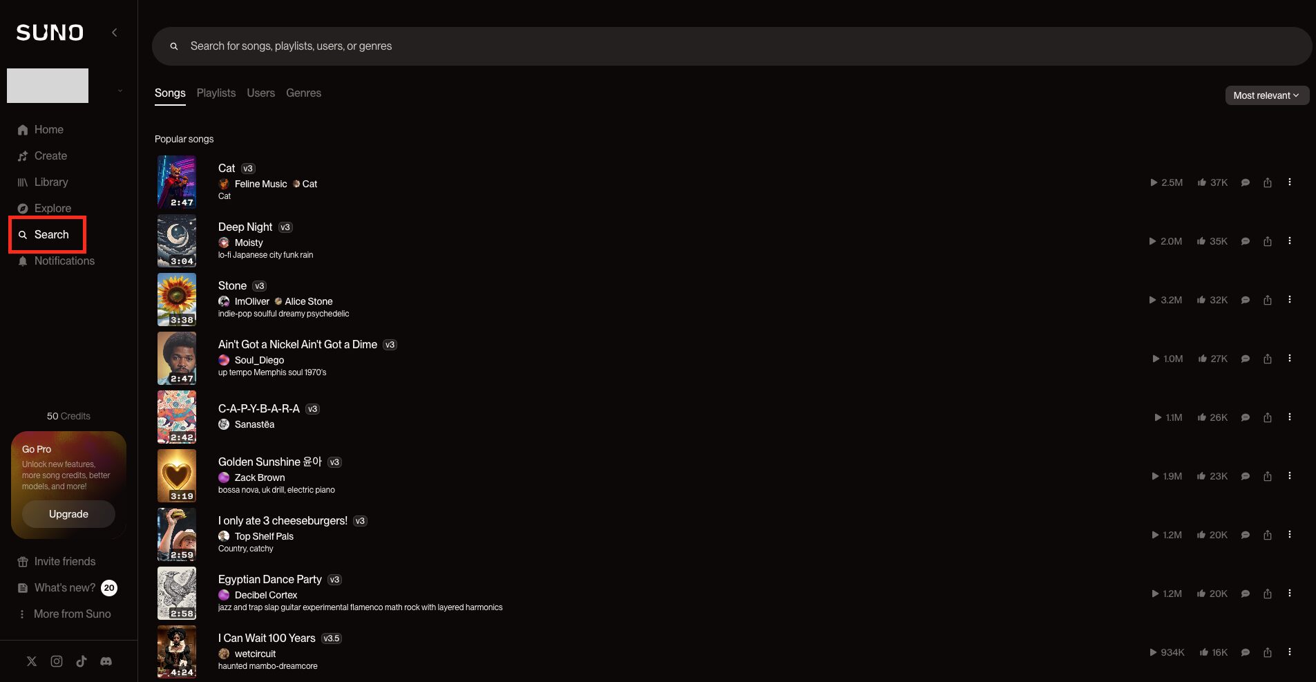 Suno AIトップ画面から「Search」