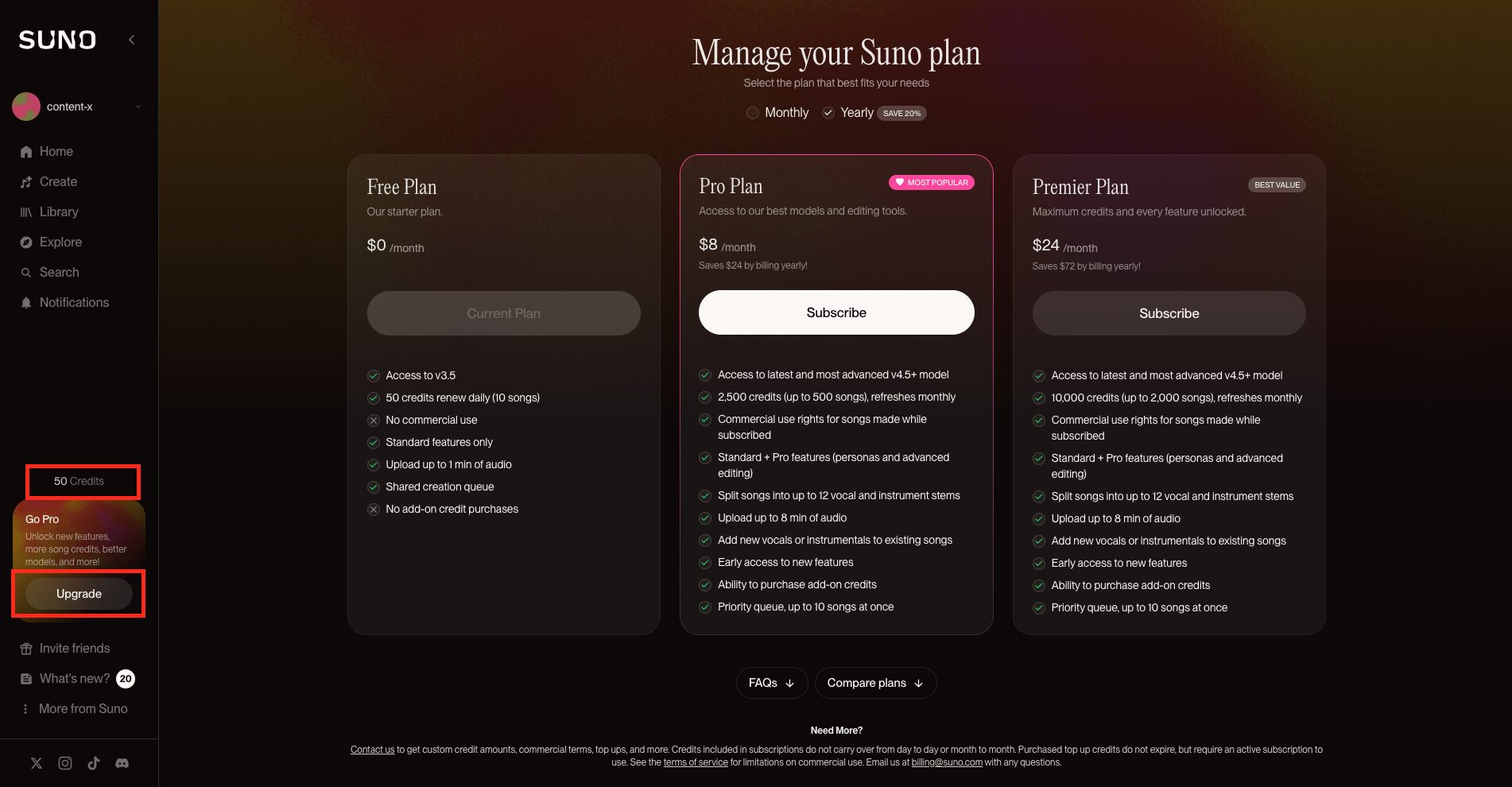 Suno AIトップ画面左下の赤枠部分に残りクレジット、「Upgrade」を押すと料金プランが表示される