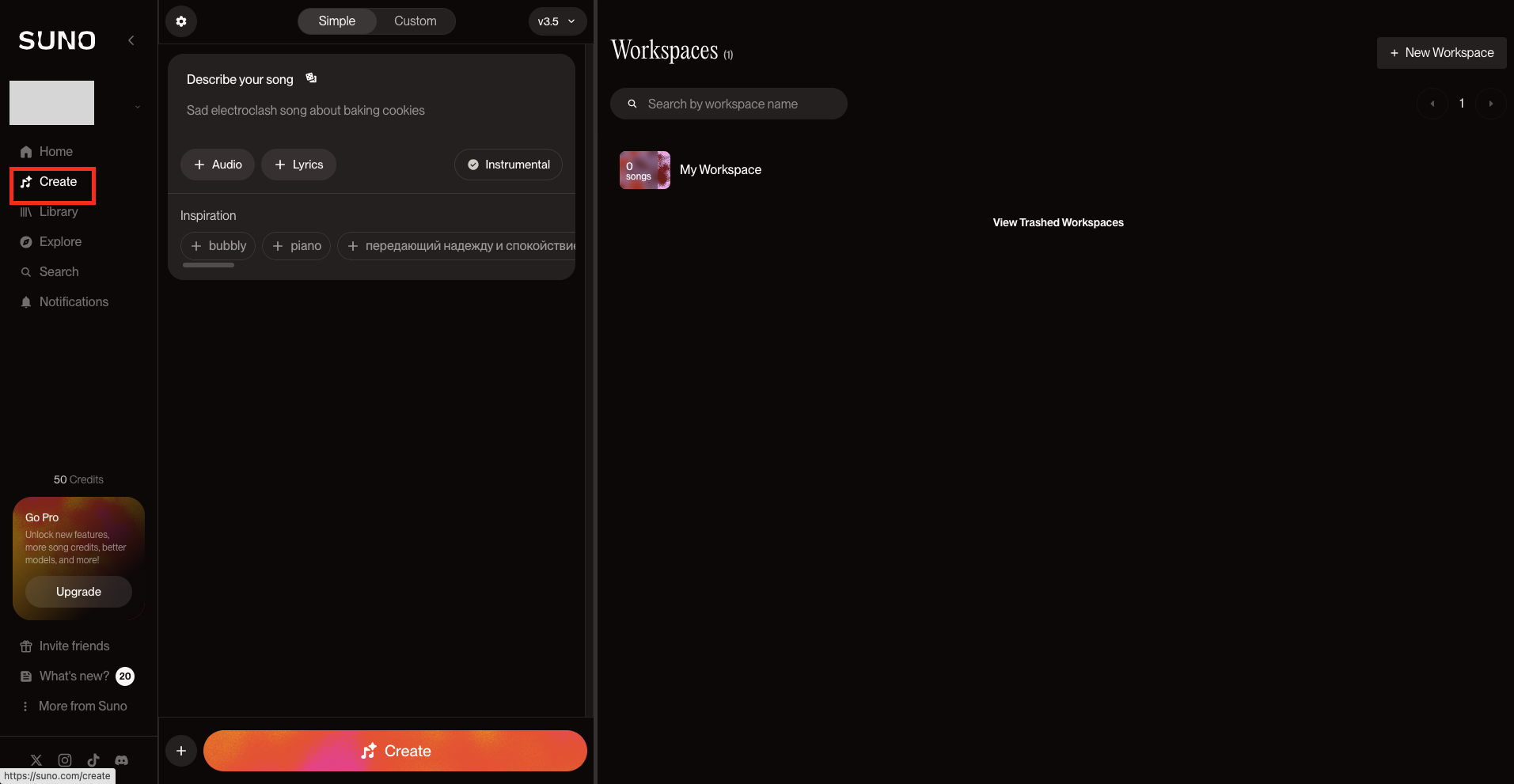 Suno AIトップ画面から「Create」